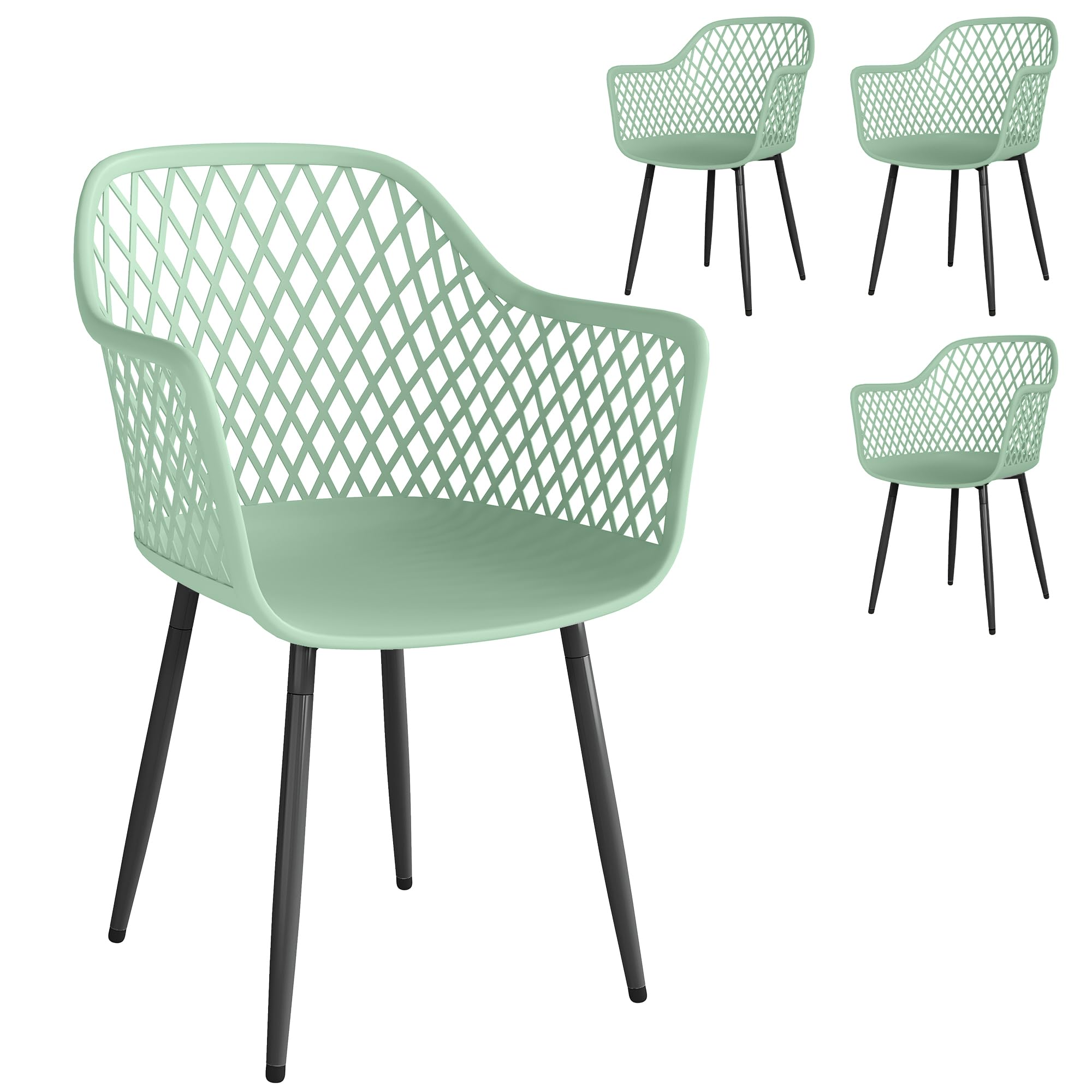 Outsunny Set 4 Sedie da Giardino Anti UV con Braccioli 56x51x84 cm Verde | Polipropilene, Sedie per Pranzo da Esterno, Schienale Diamantato, Gambe in Metallo, per Patio Balcone Terrazza Esterno