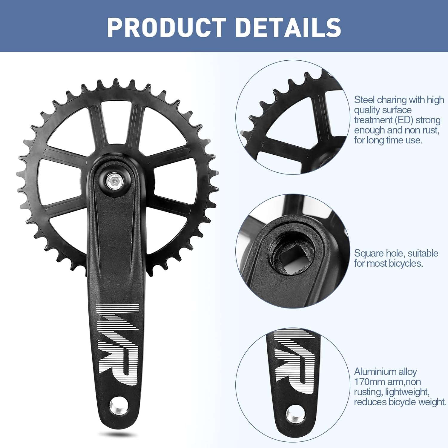 WEEROCK Mountain Bike Crankset 1 Piece/Single 32T/34T/36T/38T Charing Crank Set with 170mm Arm for Bicycle MTB, Compatible with Single Speed Bicycle and 6/7/8/9/10/11 Speeds Bike