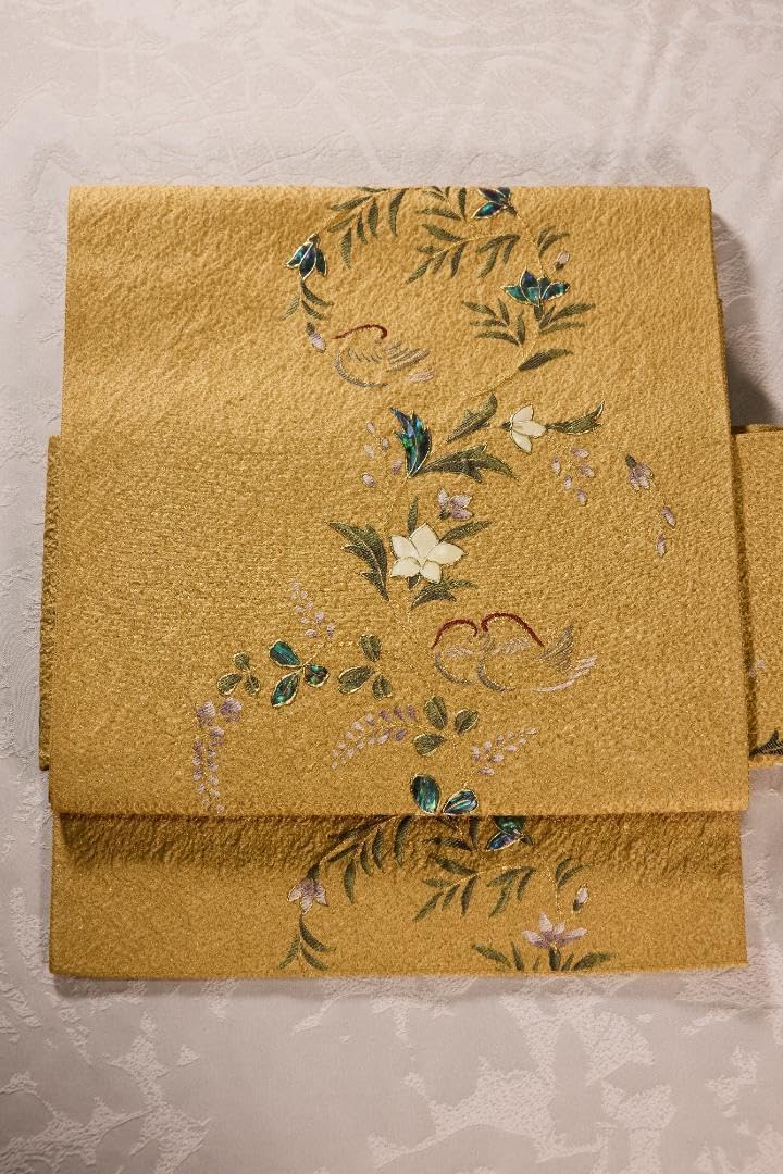 名古屋帯 刺繡 螺鈿 袋帯 スワトウ刺繍 螺鈿細工 相良刺繍 鶴 松 名古屋帯 刺繡 螺鈿 袋帯 スワトウ刺繍 螺鈿細工 相良刺繍 鶴 松