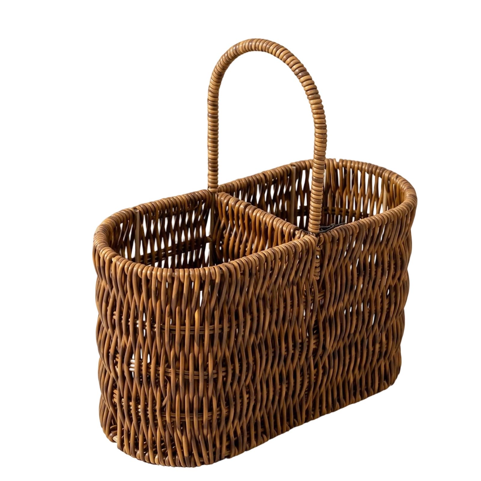 Picnic Utensil Basket Woven Faux Rattan Organizer with Carry Handle for Dining Table Kitchen Counter Cutlery Napkin and Accessory Storage Cutlery Storage Basket Utensil Organizer Woven Tableware Faux
