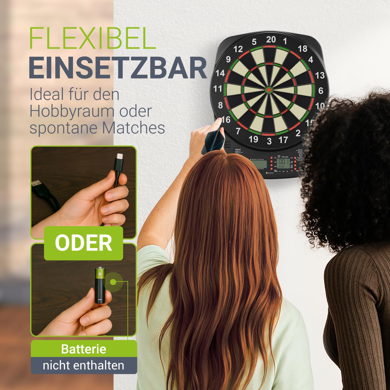Juskys Elektronische Dartscheibe mit 32 Spielen & 359 Varianten, LCD-Display, USB-C, Pfeile & Zubehör, für bis zu 8 Spieler, Netz- & Batteriebetrieb