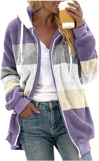 Fuzzy Fleece Jackets for Women Plus Size Hoodies Fall Winter Coats Color Block Patchwork Cardigan Coat with Pockets