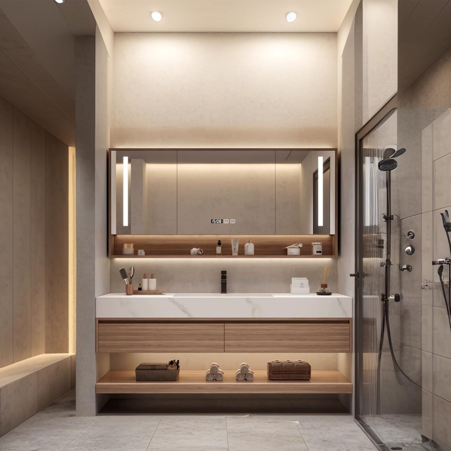 Wood Bathroom Vanity Set - LED Defogging Mirror | Wall Mounted Bathroom Vanity with Sink Include Open Storage & Mirror Cabinet Storage & 2 Drawers (26'')