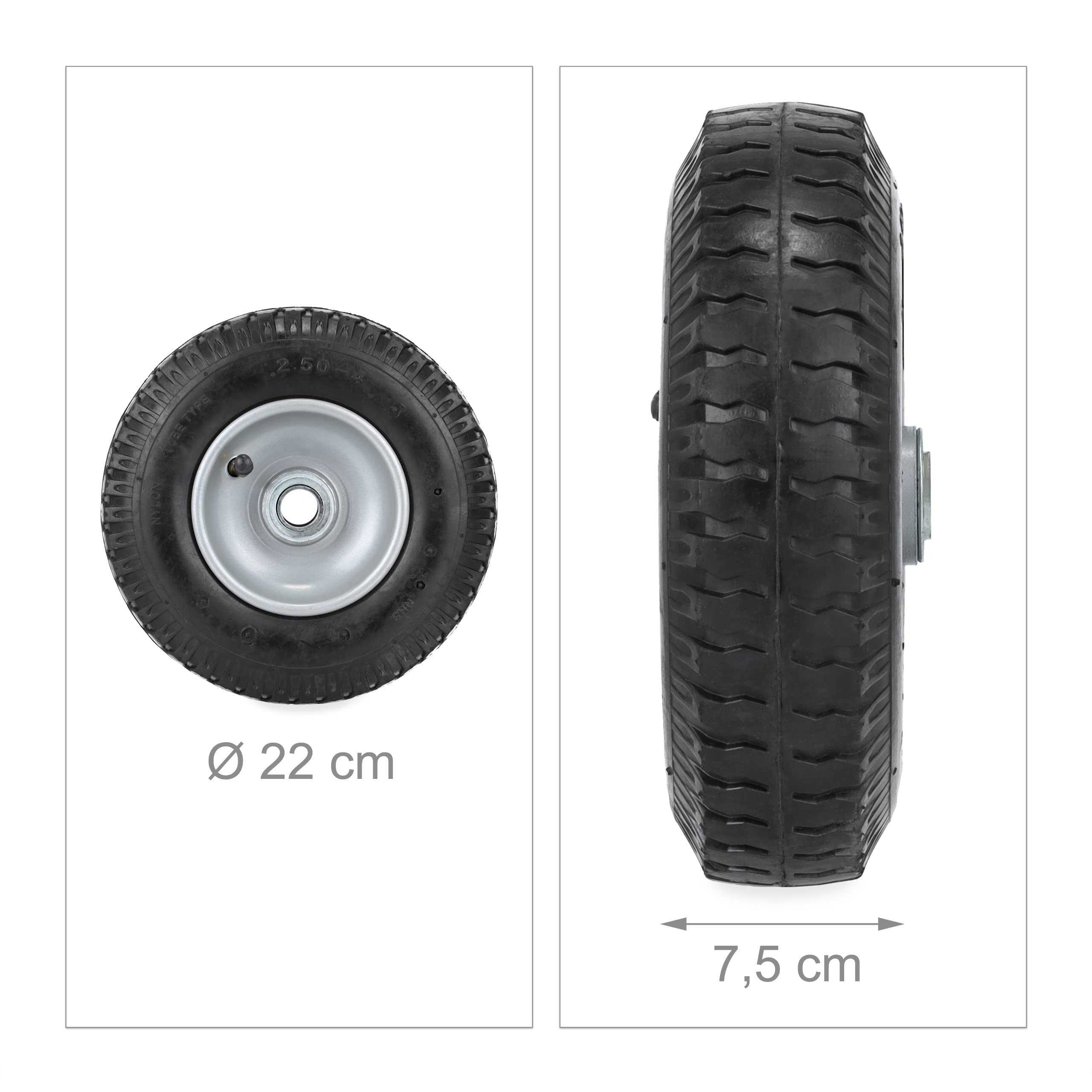 Relaxdays Set da 2 Ruote Carriole, 2.50-4, Pneumatico ad Aria, 2PR, Cerchione in Acciaio, Fino a 100 kg, Nero Argento
