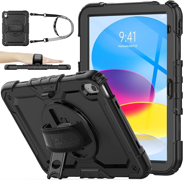 SEYMAC stock iPad 10th Generation Case, iPad 2022 10.9 Inch Shockproof Case with Screen Protector Pencil Holder [360 Rotating Hand Strap]& Stand, Heavy Duty 10th Generation iPad Case 10.9 Inch (Black)