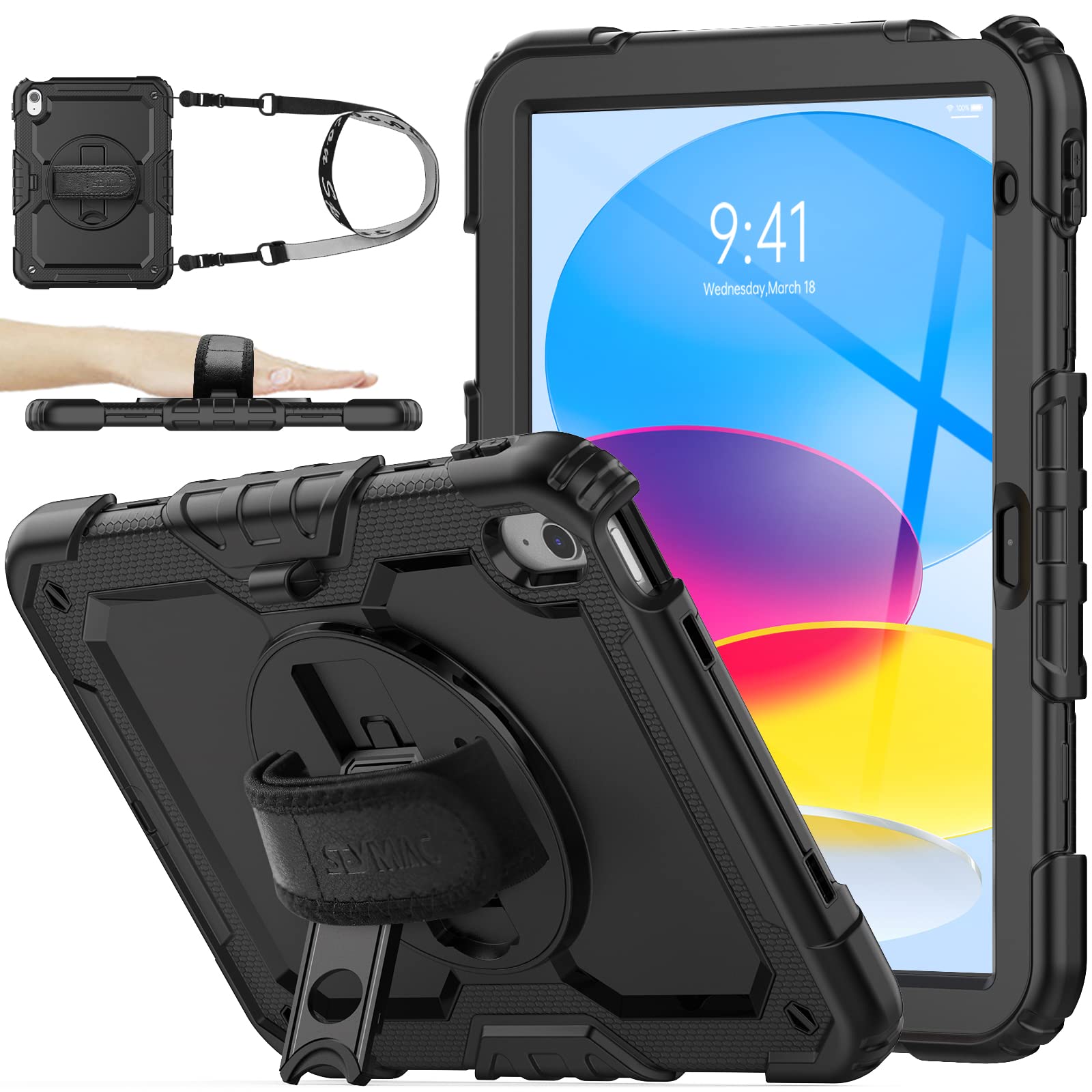 SEYMAC stock for iPad A16 Case 11th Generation 11 inch 2025/iPad 10th Generation Case 10.9 inch 2022, Full-body Shockproof with Screen Protector, 360° Rotating Stand/Hand Strap & Pen Holder, Black