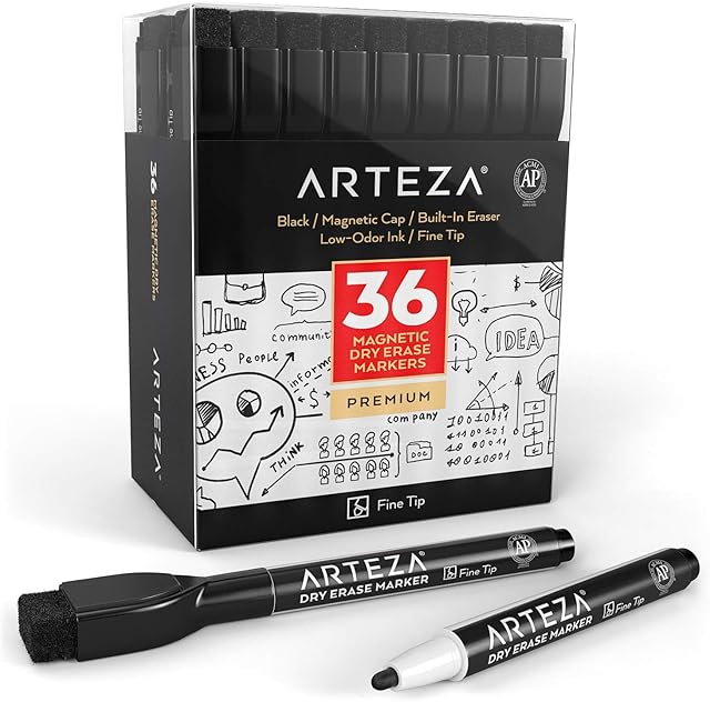 ARTEZA Magnetic Dry Erase Markers with Eraser, Pack of 36 (with Fine Tip), Black Color with Low-Odor Ink, Whiteboard Pens is Stationary Supplies School, Office, or Home