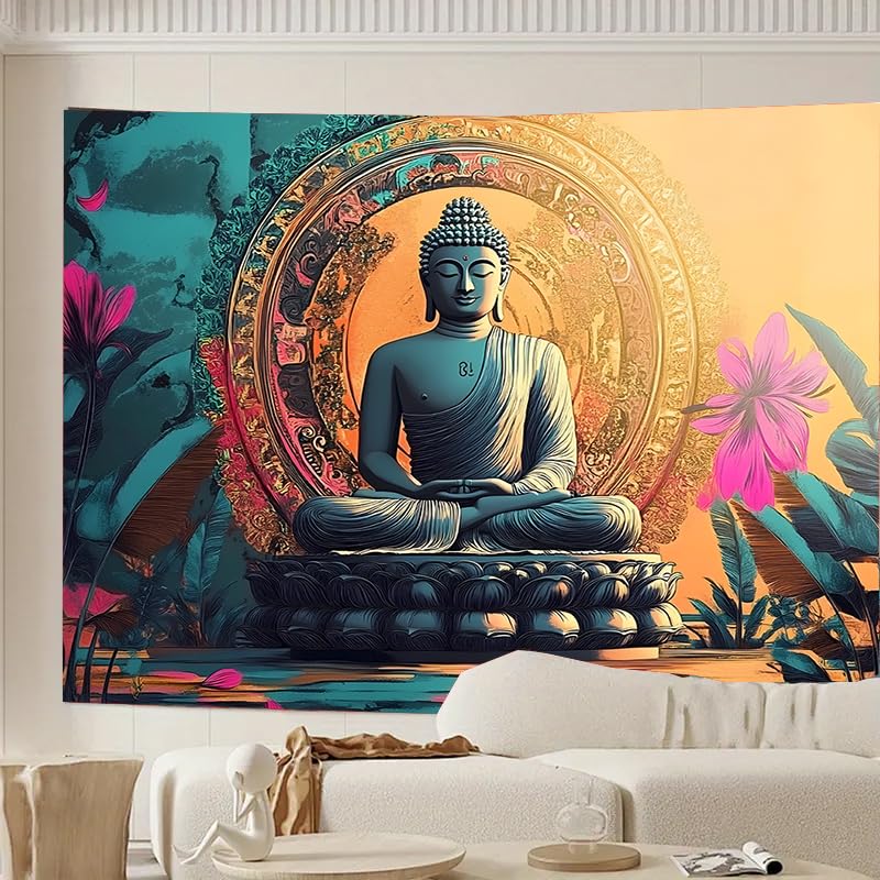 FENDROM Meditation Tapestry, Gloden Buddha Zen Happiness Wall Hanging Large Tapestry Psychedelic Tapestry Decorations Bedroom Living Room Dorm