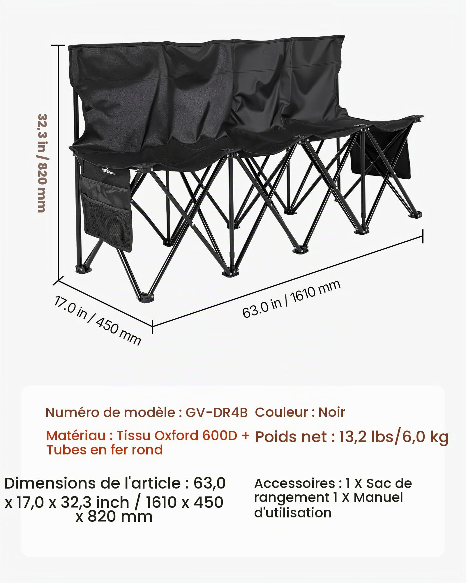 VEVOR Banc Pliant Portable à 4 Places, Banc de Camping Pliable avec Poches de Rangement et Sac de Transport, siège latéral léger avec Dossier pour Football, Baseball et événements en Plein air, Noir