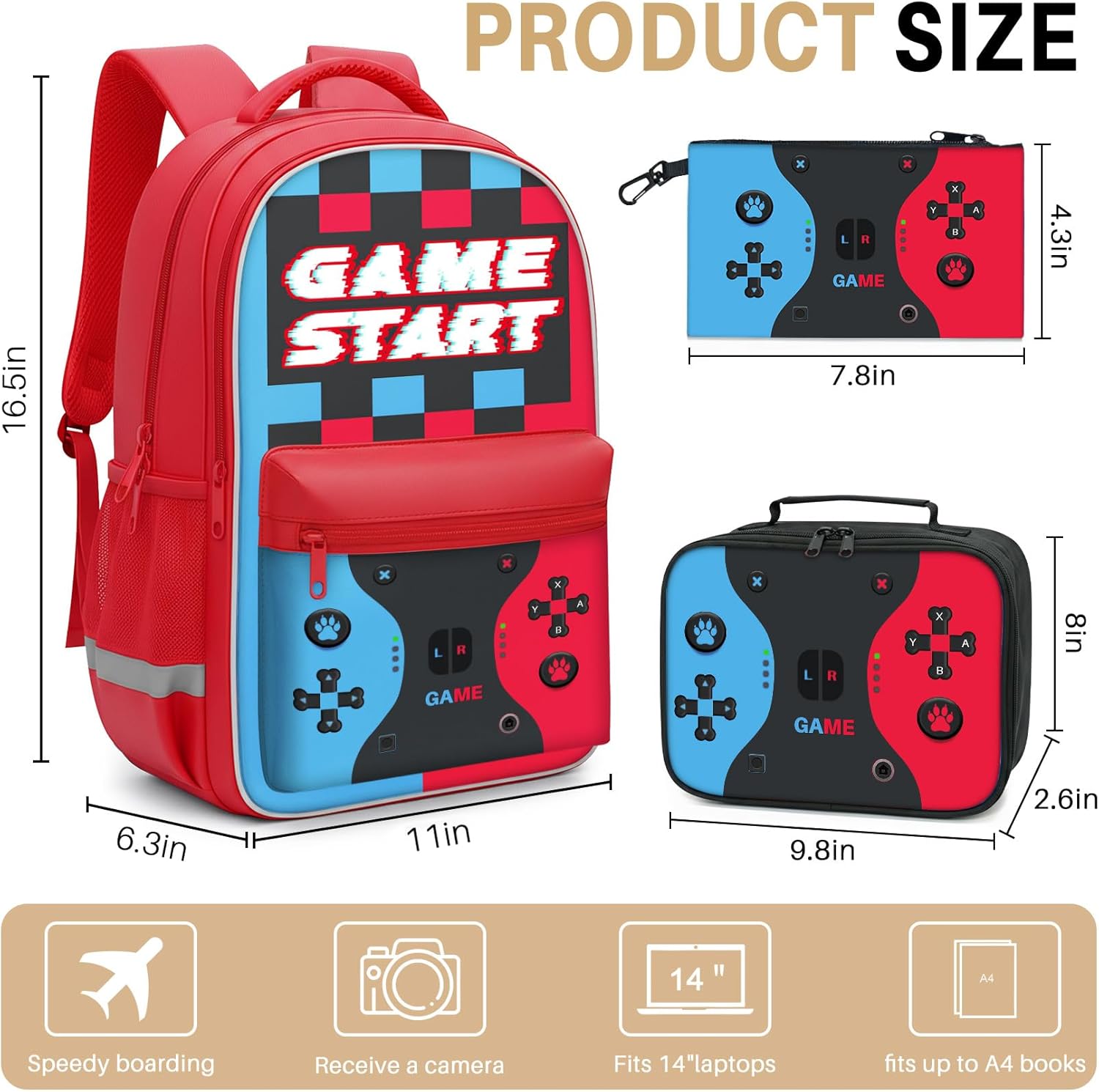3-Piece Video Game Backpack Set for Boys Teens - 16.5 Inch Large Bookbag with Insulated Lunch Box & Sturdy Pencil Case, Ideal for Elementary & Middle School, Fits Textbooks - Image 2