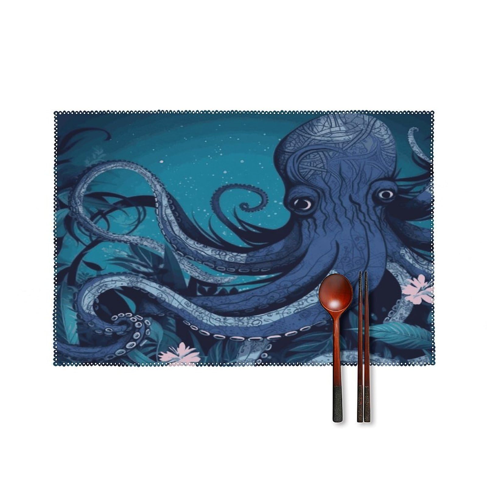 Blue Octopus Tentacles Illustration Placemats Set of 4 Heat Resistant Non-Slip Place Mats for Dining Table Washable Placemat Wipeable Dining Table Mat Canvas Place Mats Dining Table Decor