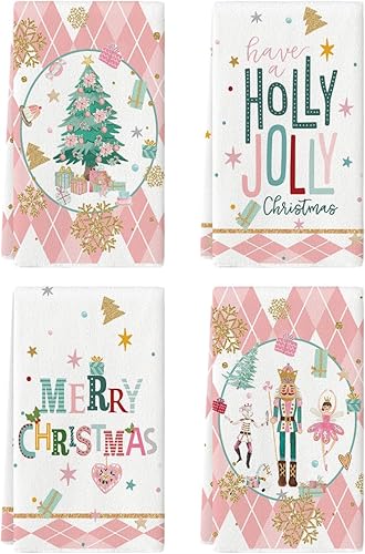 Artoid Mode Juego de 4 toallas de cocina de 18 x 26 pulgadas con diseño de árbol de cascanueces rosados con diseño de árbol de Holly Jolly Merry