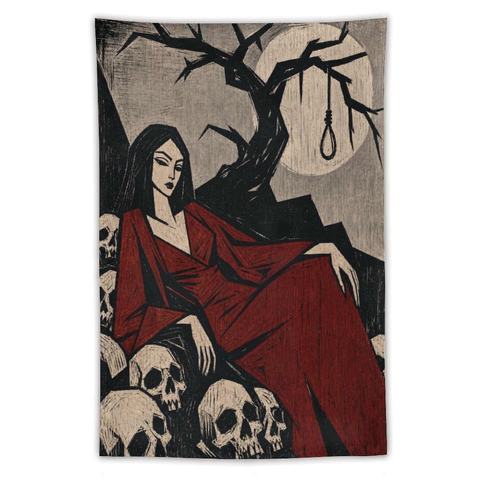 W7C8U2X3 Woman in Red Kimono with Skulls Wall Tapestry, Reading Corner