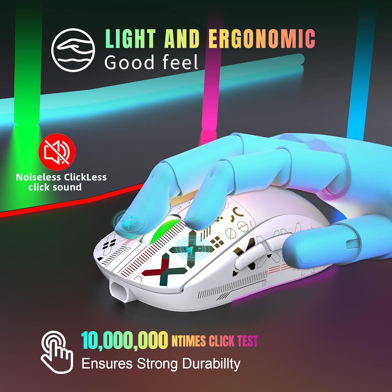 HXMJ Bluetooth Mouse Multi-Device,Rechargeable Wireless Gaming Mice,3 Modes (BT5.0,BT3.0 and USB 2.4GHz),3600 DPI,RGB Rainbow Backlit-White