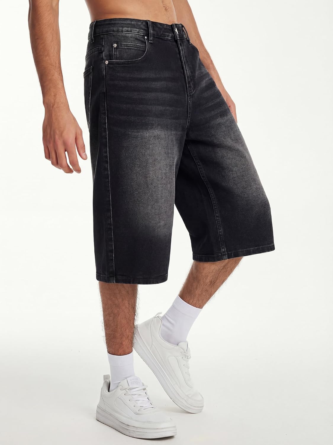 JMIERR Mens Baggy Jeans Wide Leg Loose Fit Denim Shorts Streetwear Below Knee Jorts - Image 6
