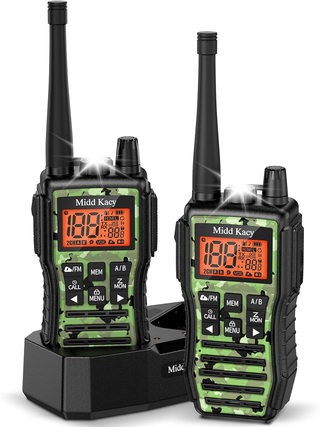 Midd Kacy MK208 Walkie Talkies Long Range, GMRS 2 Way Radio Waterproof with 61 Channels Handheld Radio -121 Privacy Codes,New Flashlight,SOS Siren,NOAA Weather Alerts & Scan - Camouflage,2 Pack
