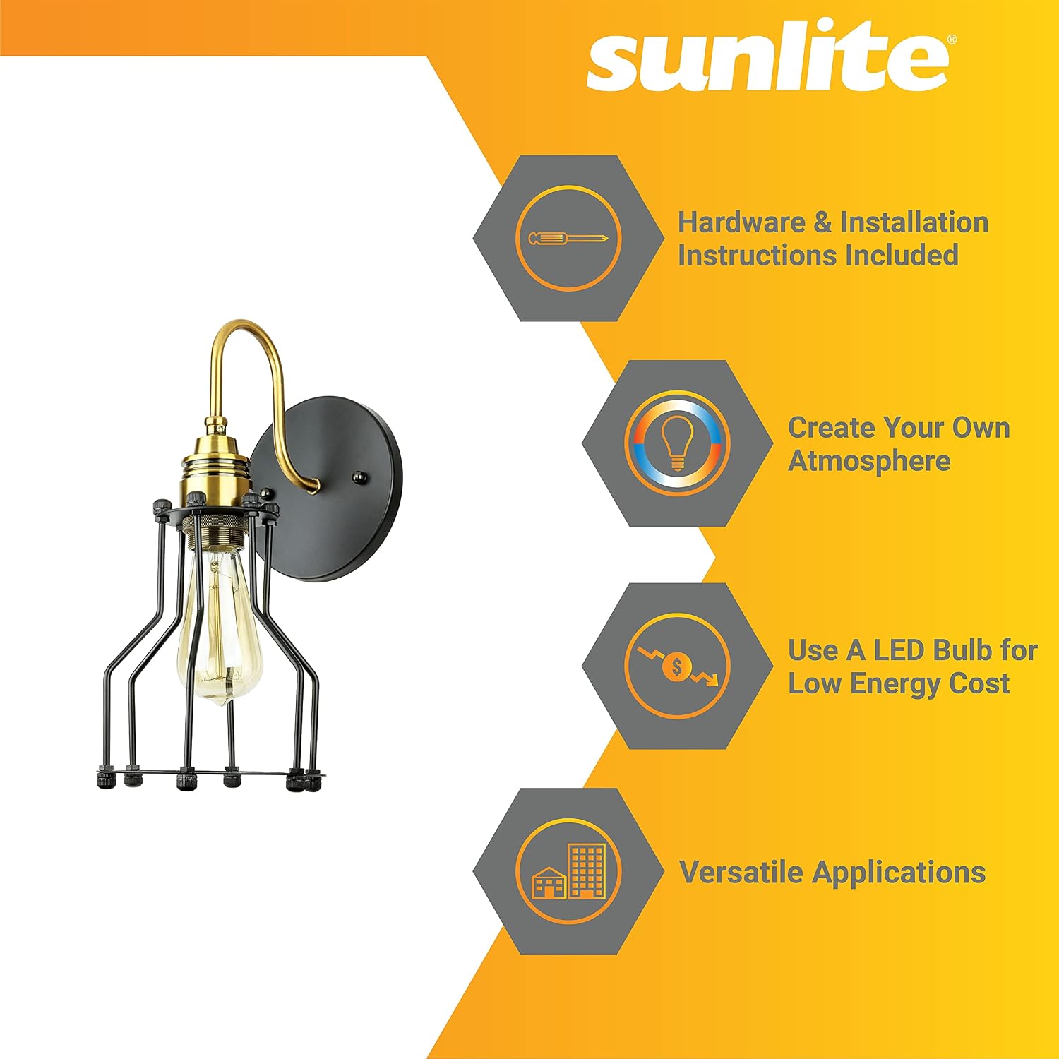 Sunlite 07056 Vintage Designed Open Cage Wall Sconce, Metal Industrial Style Fixture, Medium Base Socket (E26), UL Listed, Antique Brass & Matte Black Finish