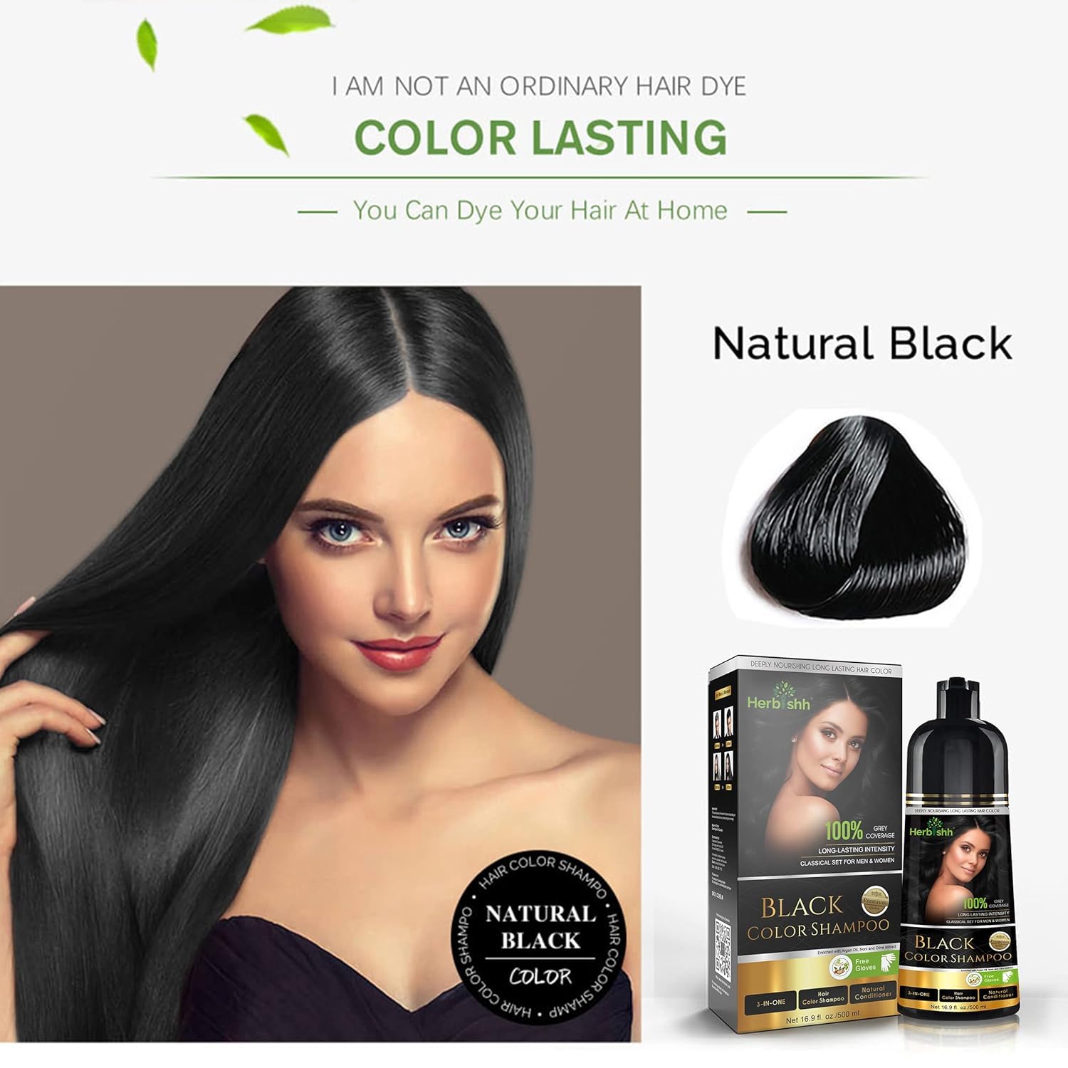 Herbishh Black Hair Color Shampoo - 3-In-1 Magic Dye for Gray Hair 500 Ml + Essential Flower Hair Oil - Organic Formula for Dry, Damaged Hair 60 ML