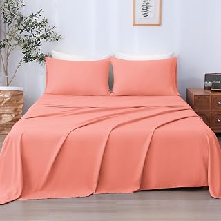 LONAVA Full Sheet Set 4 Pieces,Peachy Coral Ultra Soft & Breathable Microbifer Sheets, 1600 Thread Count Hotel Luxury Oeko-Tex Bed Sheets, 14-16 Inch Deep Pocket Durable Wrinkle Free Sheets