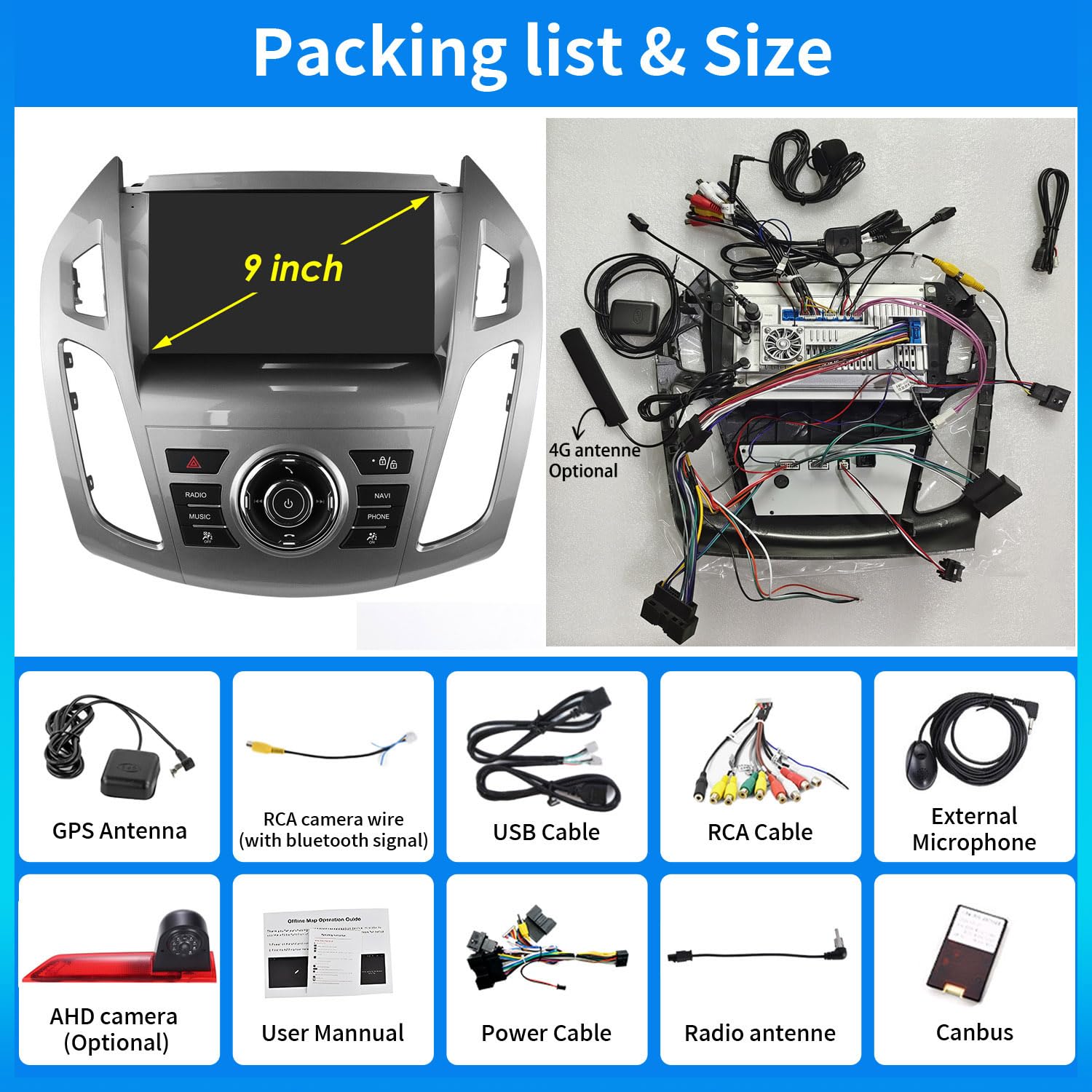 9" radio samochodowe z Carplay i Android Auto + kamera cofania do Ford Transit Tourneo Custom 2012-2021, obsługuje sterowanie kierownicą, Mirror Link, Bluetooth, sterowanie głosem, nawigację GPS