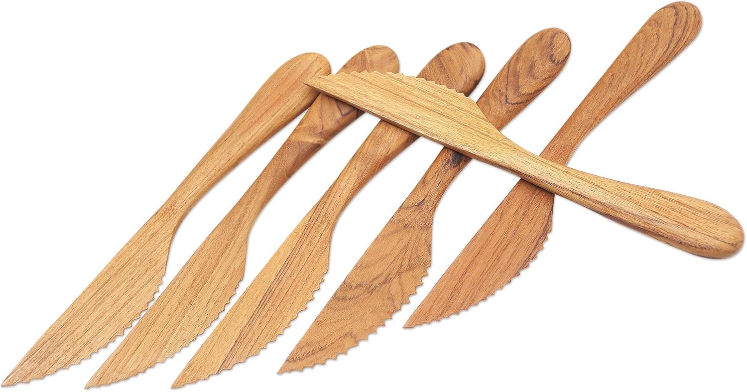 NOVICA Artisan Handmade Teak Wood Dinner Knives from Bali Set of 6 Brown Indonesia Tableware Flatware Natural Materials [ 7.5in L x 1in W x 0.4in D] ' Sharp Set' Set of 6