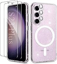 Glitter Clear Case for Samsung Galaxy S23 Plus 5G with Diamond Sparkle Camera Lens Protector + 2 Pack Tempered Glass Screen Protector + Strong Magnet Compatible with MagSafe (for Samsung S23+)