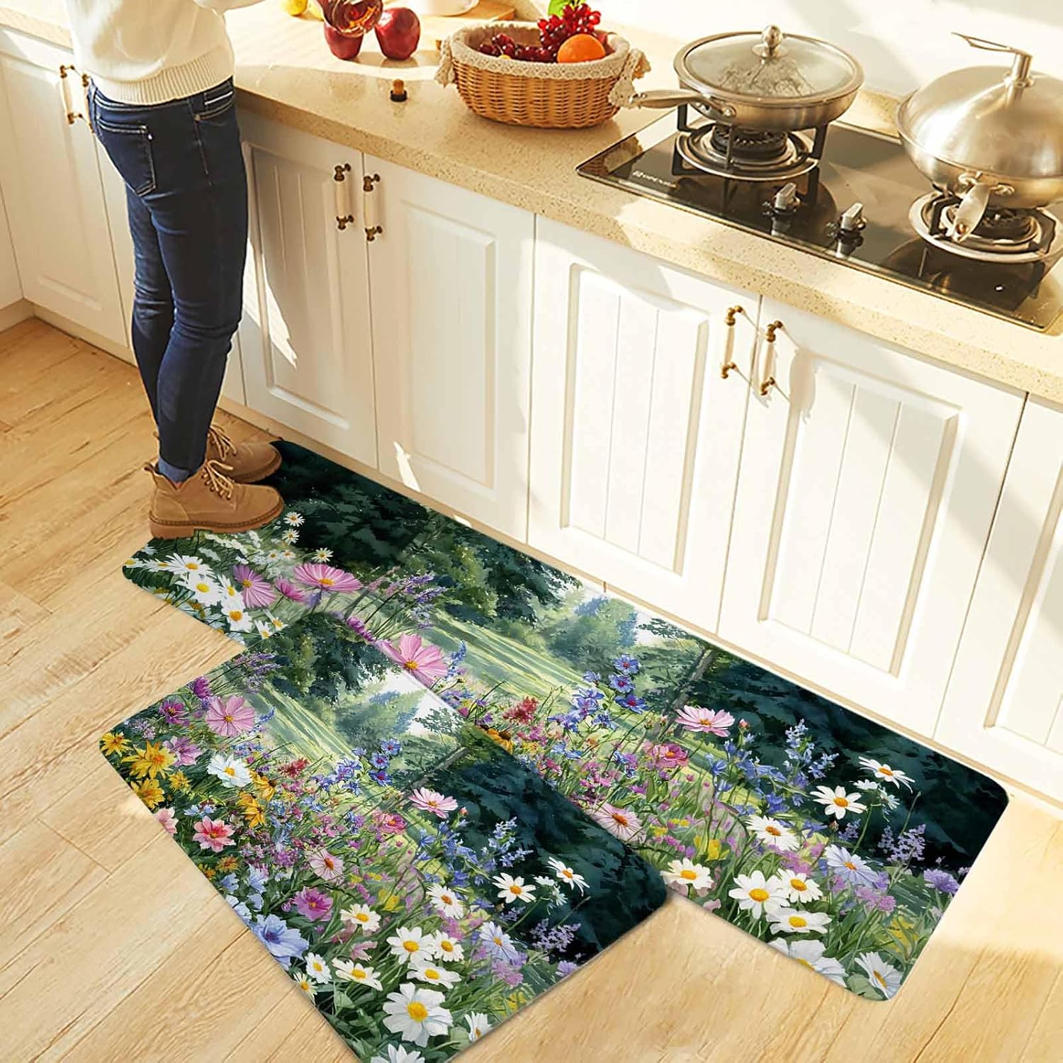 Colorful Floral Spring Kitchen Rugs and Mats Set of 2, Non-Slip Kitchen Sink Mat, Daisy Green Forest Pastoral Washable Doormat Bathroom Rugs Runner for Bedroom/Living Room 19.7"x31.5"+19.7"x47.2"