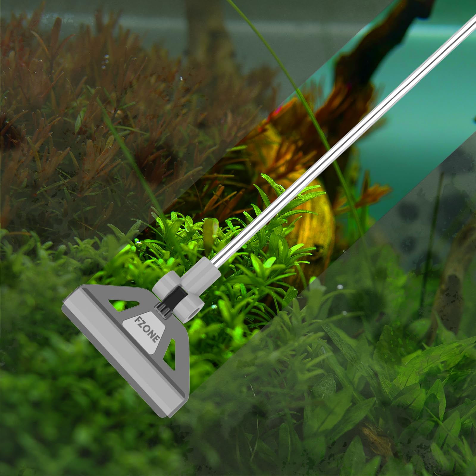 FZONE Grattoir à Algues pour Aquariums en Verre, Longueur Détachable de 19'' à 26'', Kit de Nettoyage 2-en-1 avec Tête de Brosse et 5 Lames en Acier Inoxydable