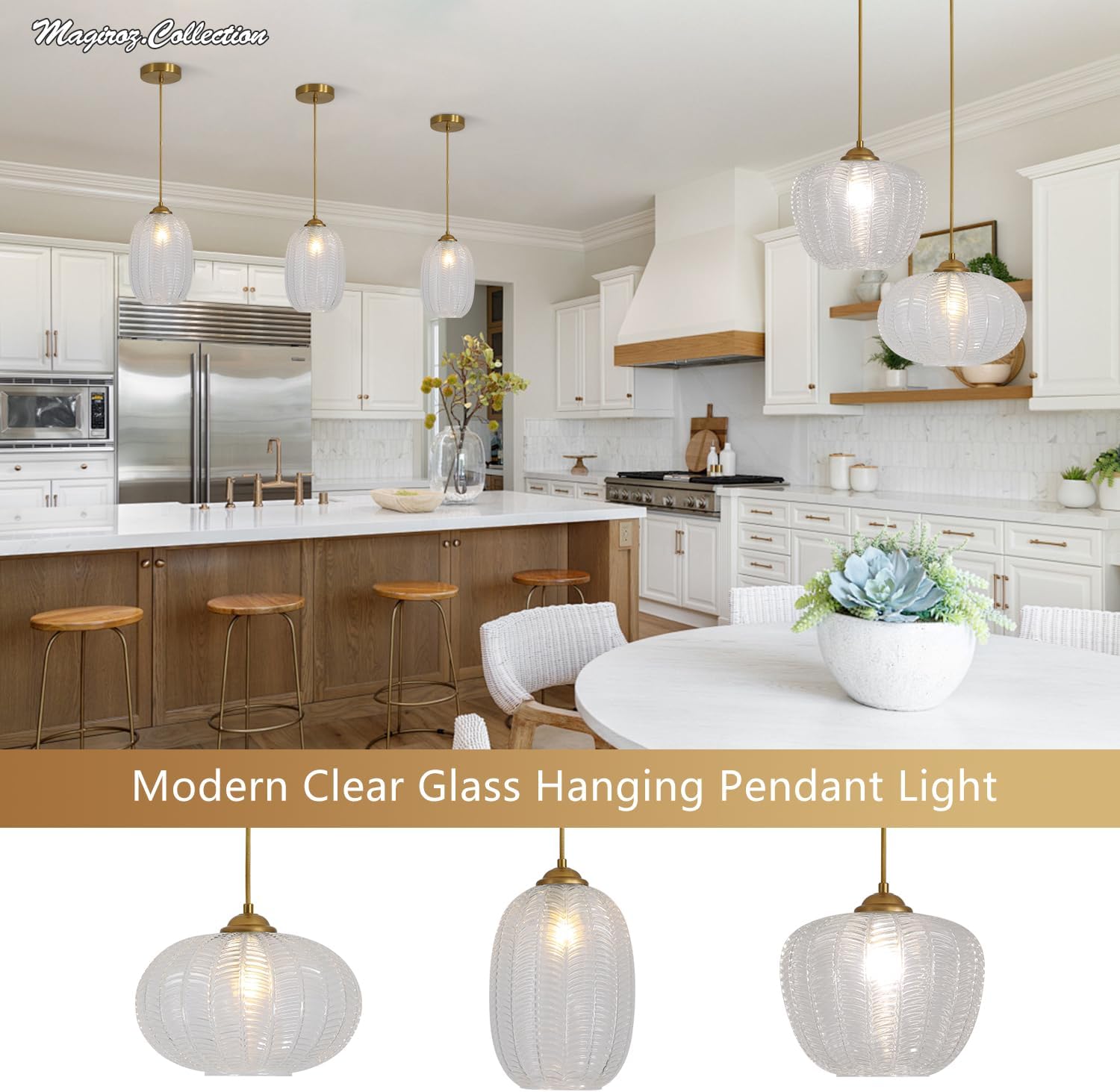 Mid Century Modern Single Clear Glass Pendant Lights Kitchen Island Large Brushed Gold Hanging Light Vintage Antique Brass Round Pendant Lighting for Entryway Dining Room Foyer MPL36C-A