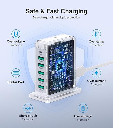 Miniatura 7 de Bloque de cargador USB, estación de carga de 6 puertos de 45 W para múltiples dispositivos, torre de carga USB A y tipo C, tira de alimentación