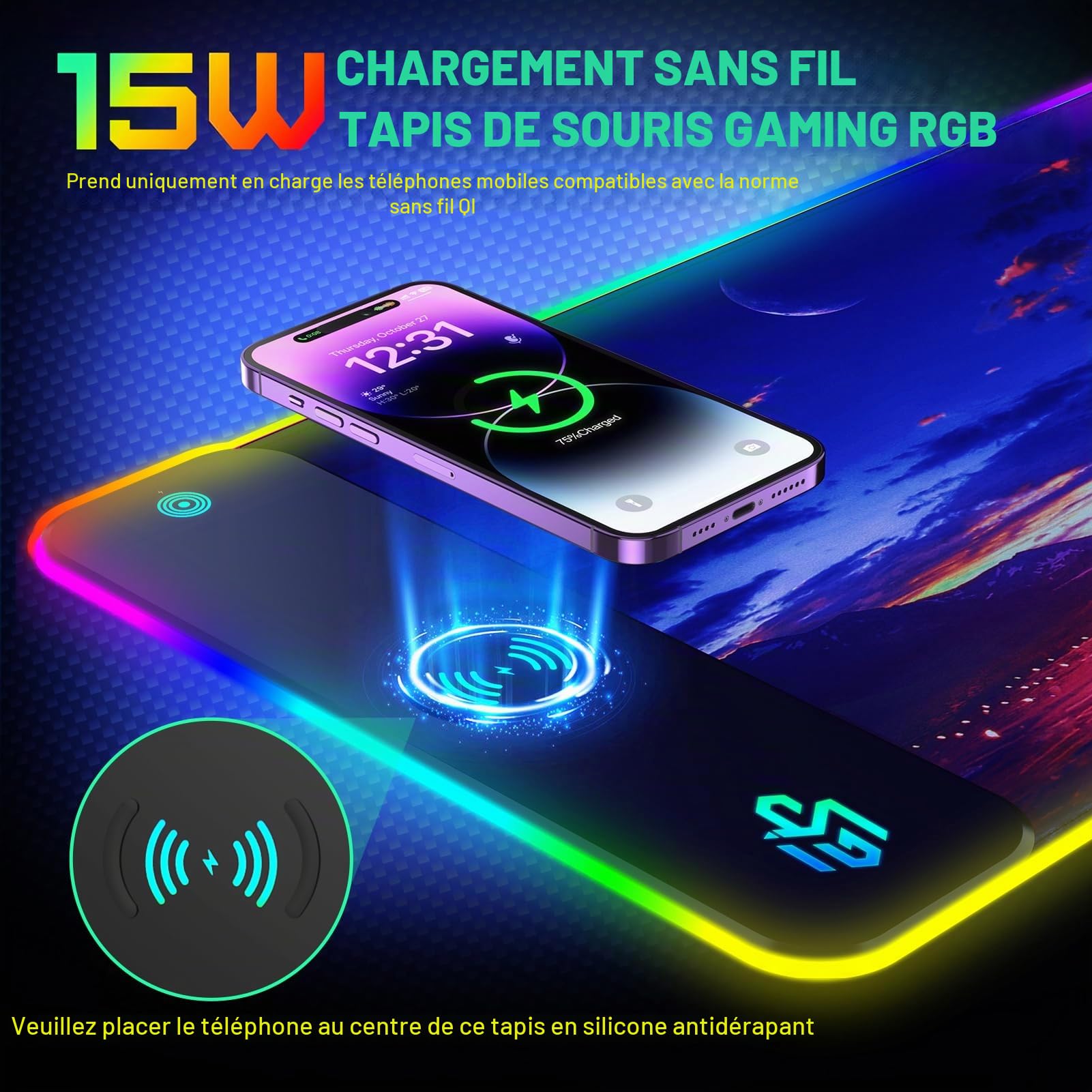 GIM Tapis de souris gaming RVB XXL 800x300 cm Motif étoile LED