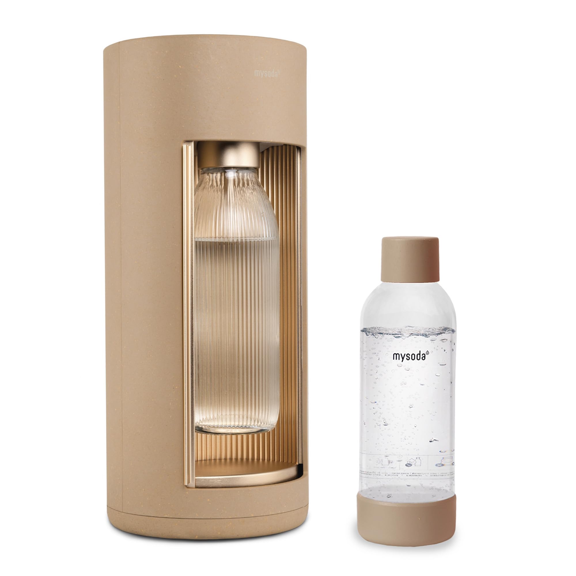MysodaGlassy Water Carbonator Made of Wood Composite with 1 Litre Glass Bottle and BPA-Free 1 Litre Plastic Bottle (without CO2 Cylinder) - Latte