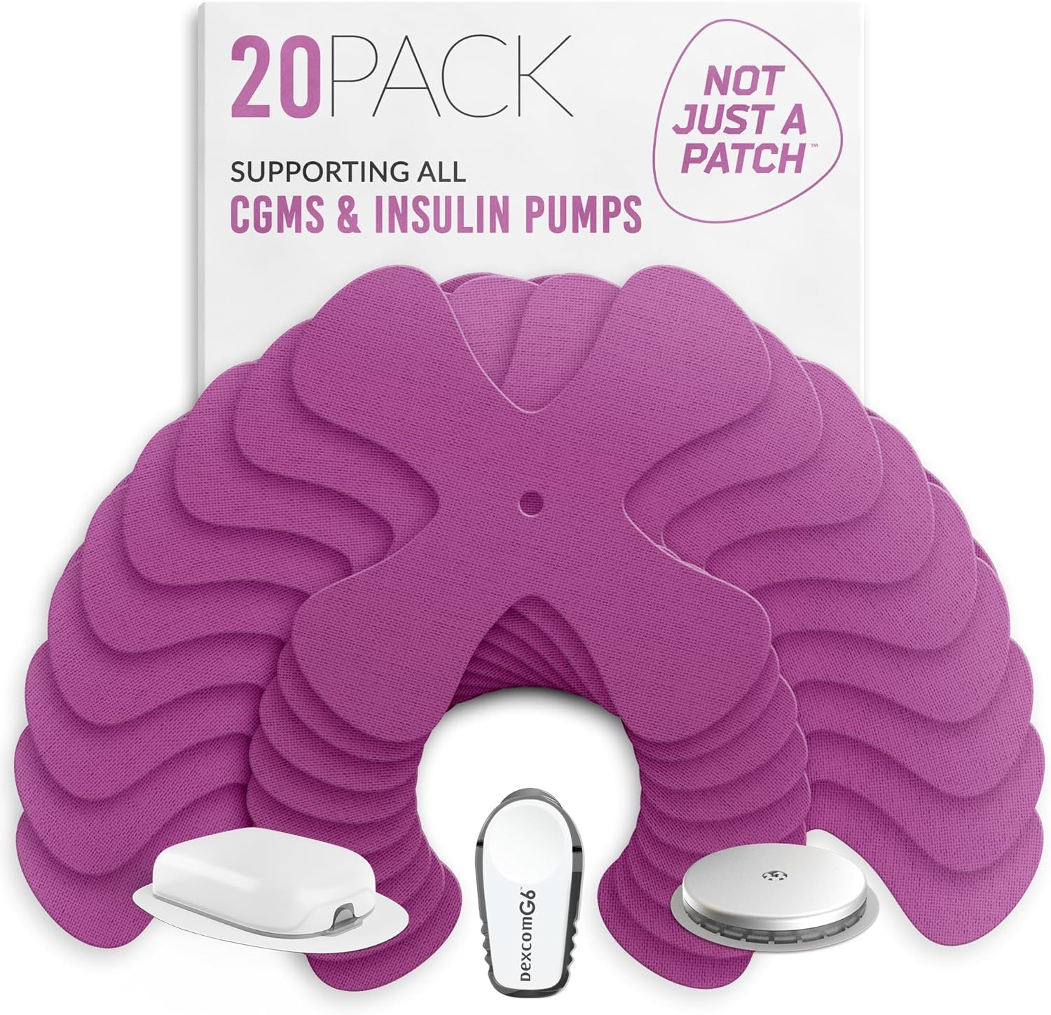 Not Just A Patch X-Patch CGM Sensor Patches (20 Pack) - Water Resistant Omnipod 5 Adhesive Patches - Durable for Active Lifestyle for 10-14 Days - Compatible with Dexcom G6, Libre 2 in Purple