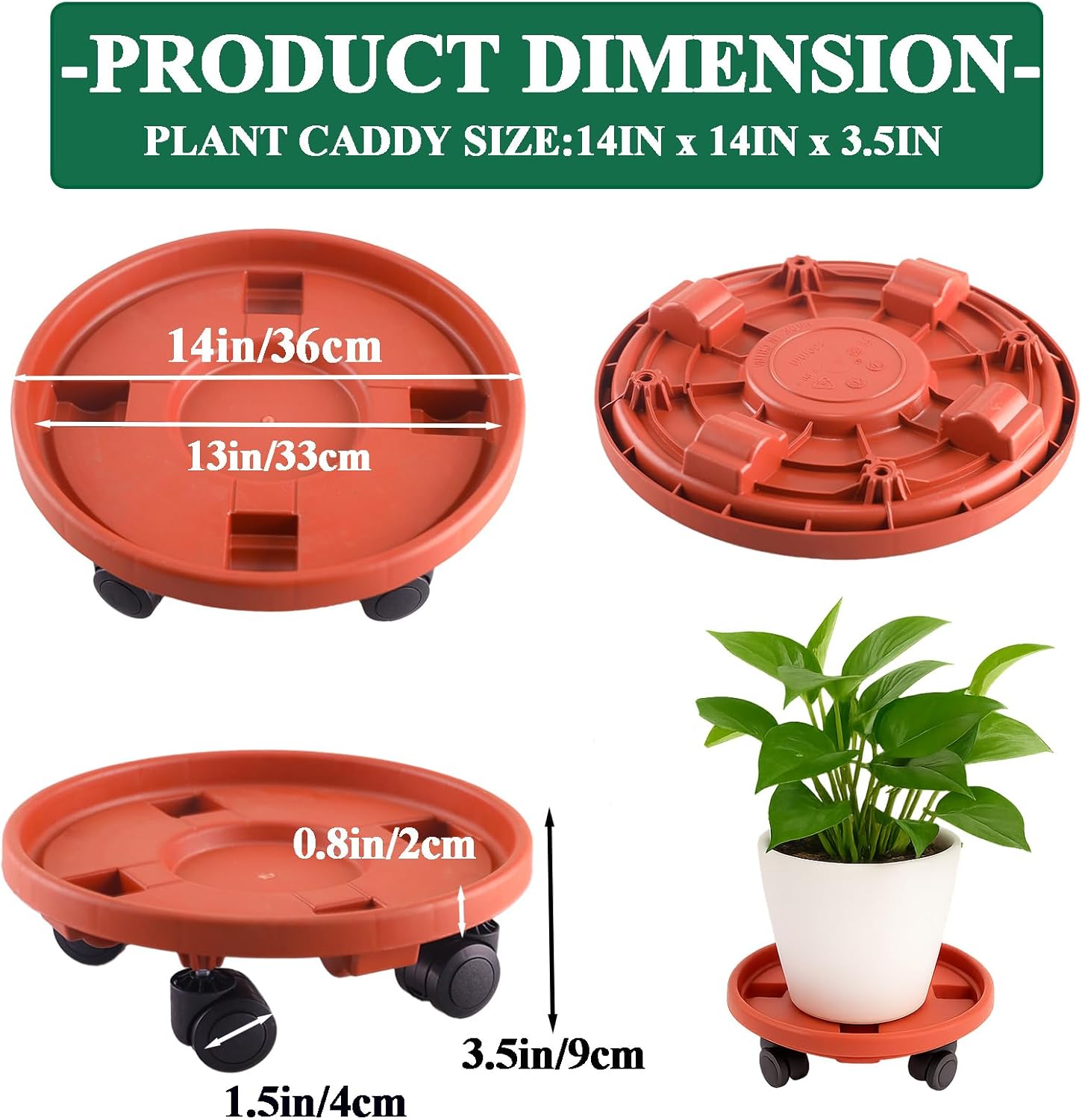Rolling Plant Stand with Wheels 5 Pack 14 Inch Plant Caddy with Wheels Heavy Duty Plant Dolly Roller Base with Wheels Round Flower Pot Rack Holder Planter Trolley Tray, Red