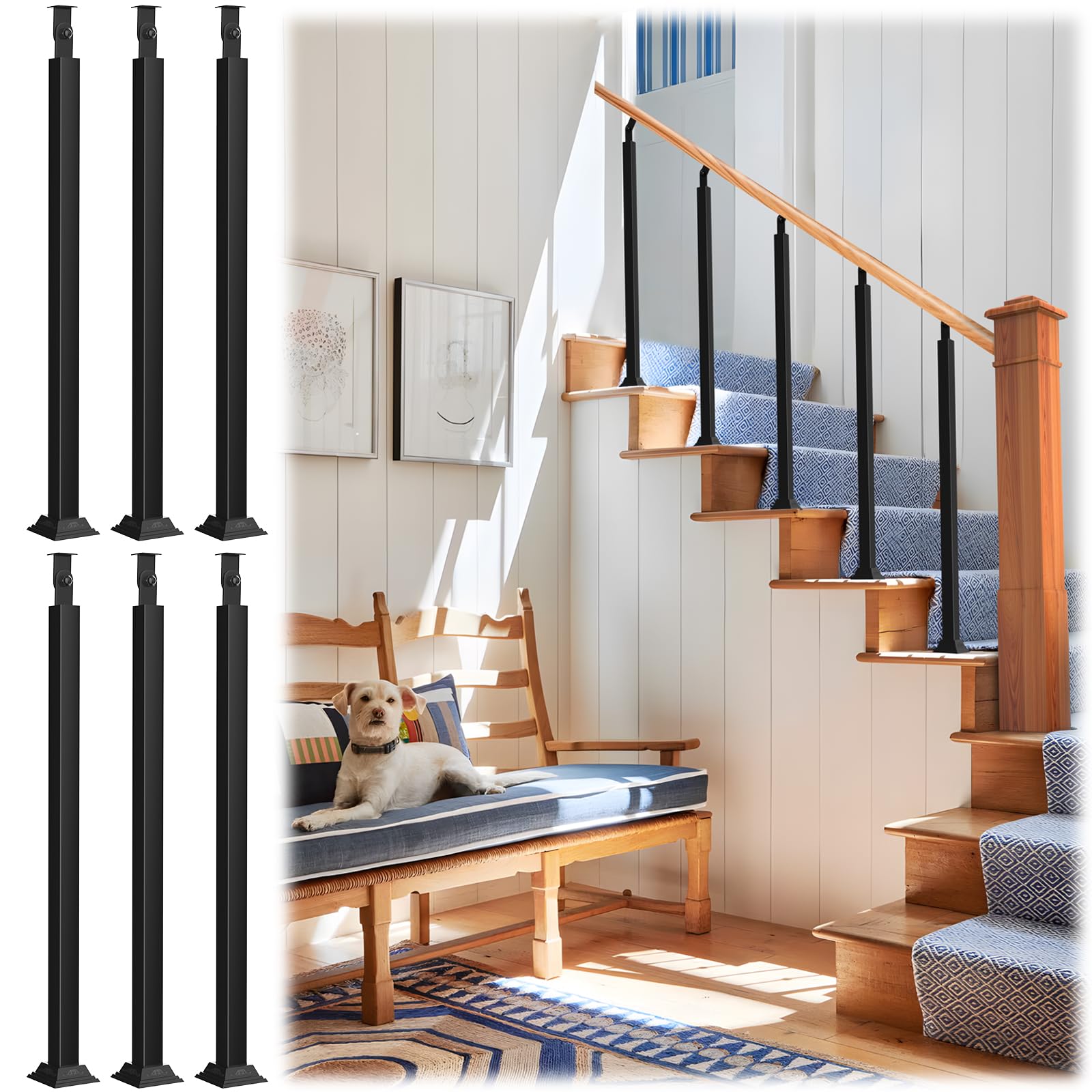6 Steps Indoor Railing Kits, 6 Pack Iron Square Stair Baluster Posts(35.43" Height) with 270°Adjustable Railing Spindles, Black Metal Posts for Deck, Balcony, Stair, Staircases, Indoor Decor