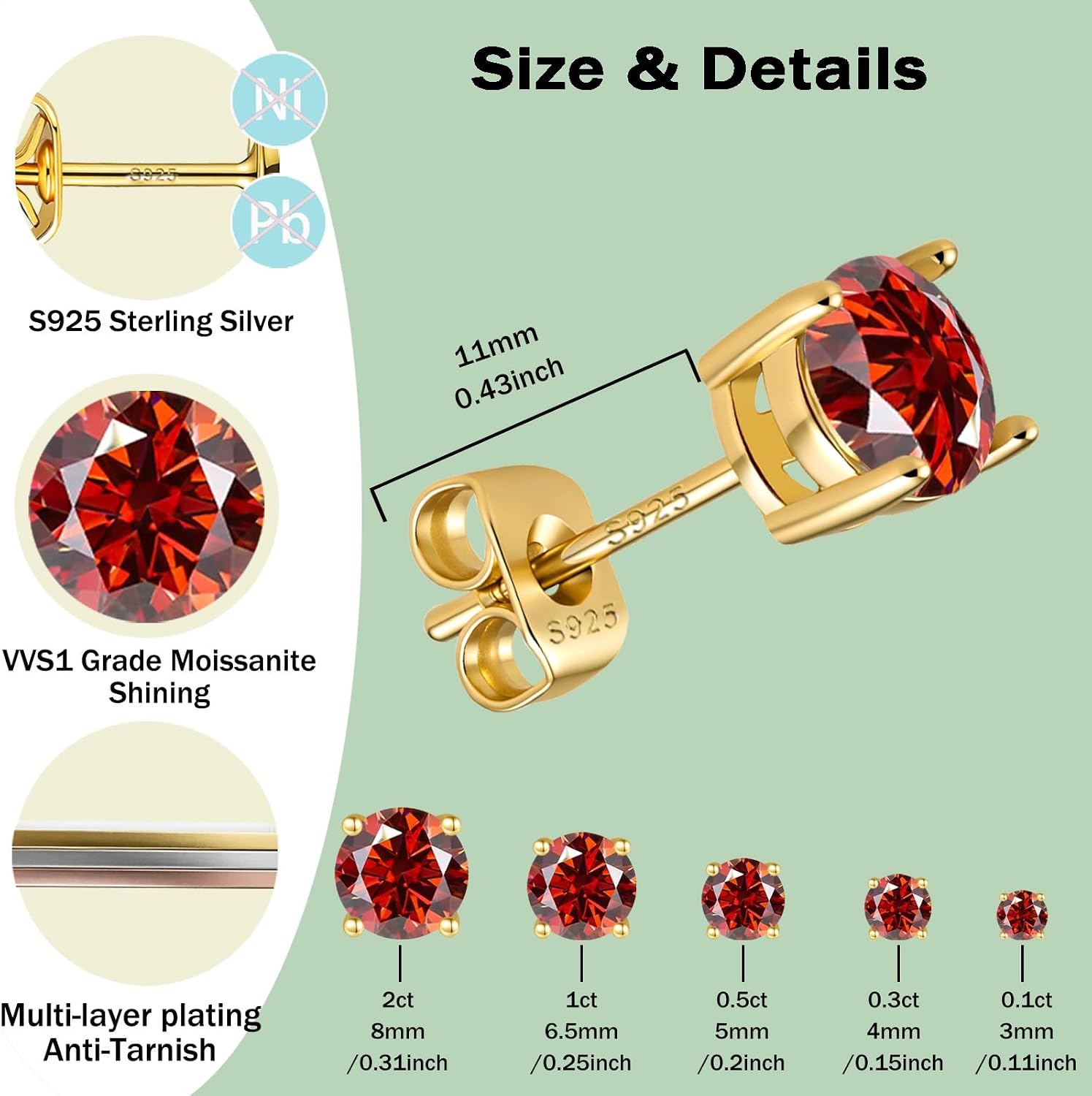 Fancy Color 0.2-4CT VVS1 Moissanite Stud Earrings for Women, 14K Gold Plated 925 Sterling Silver Earrings, 4-Prong Design, Hypoallergenic for Sensitive Skin image 4