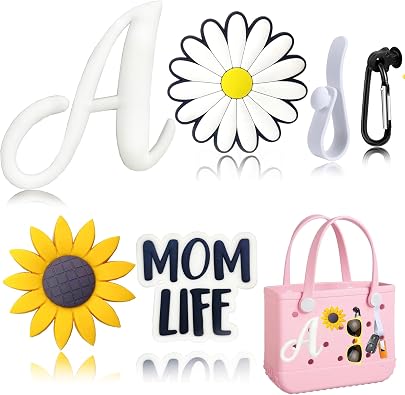 6Pcs Letter Charms for Bogg Bag Clips Insert Beach Bag Accessories Charm with Key Holder for Simple Mothern Beach Totes DIY