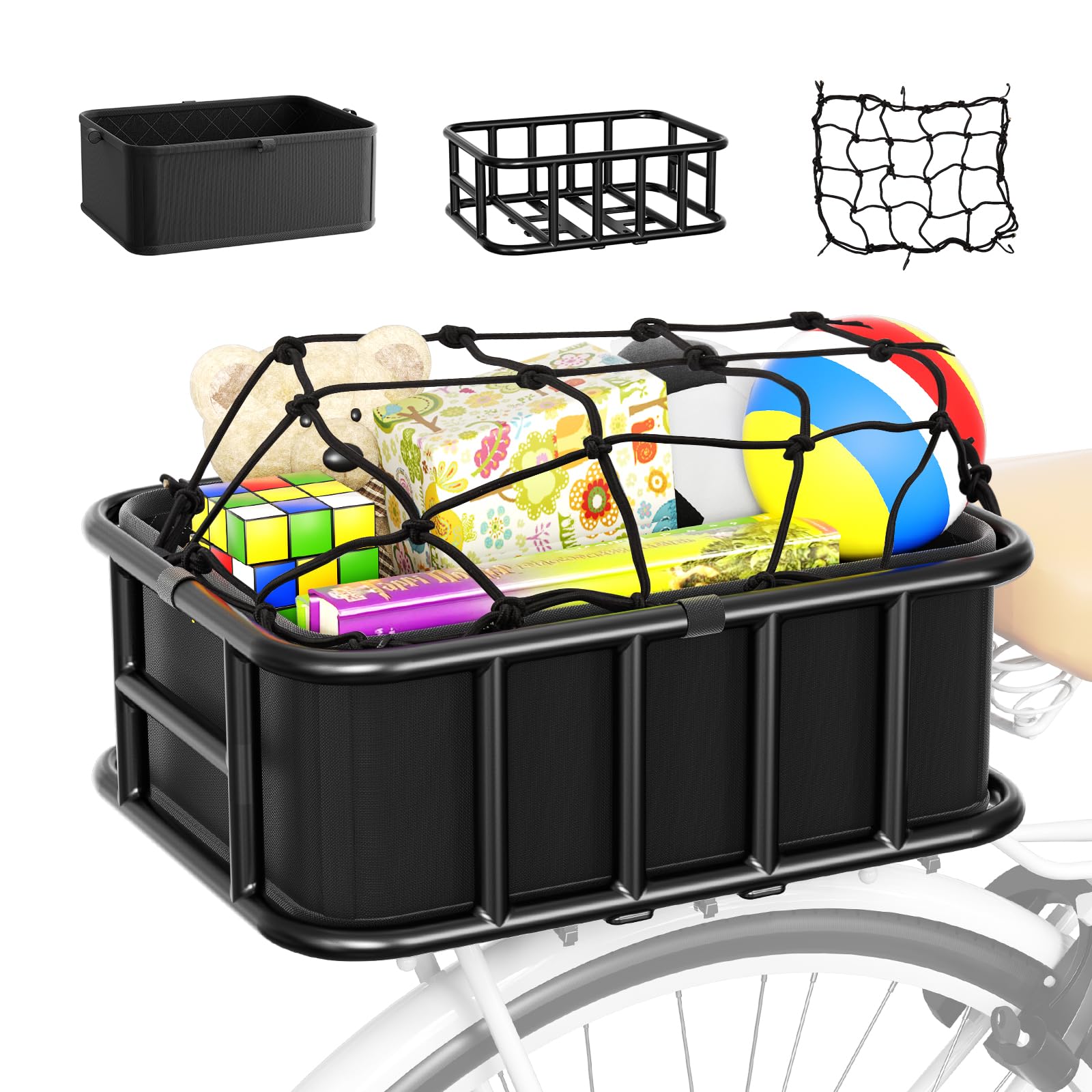 Panier Velo Arriere pour vélo,Carbone épais,Charge maximale 30 kg, Panier avec Doublure étanche et Filet élastique, résistant à la Rouille et aux intempéries, Compatible vélo et vélo électrique