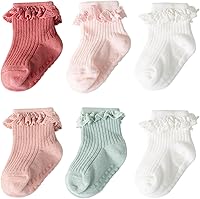 DRESHOW BQUBO Baby Girls Anti-Slip Toddler Socks - Cute Frilly Ruffle Grip Ankle Socks, 6 Pairs for Infants 0-3Y