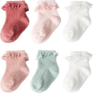 DRESHOW BQUBO Baby Girls Anti-Slip Toddler Socks - Cute Frilly Ruffle Grip Ankle Socks, 6 Pairs for Infants 0-3Y