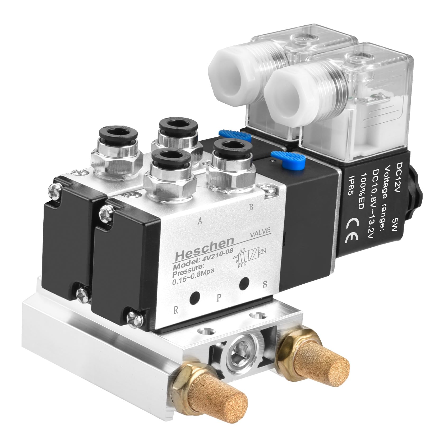 Heschen Electrical Pneumatic Twin Solenoid Valve 4V210-08 DC 12V PT1/4 5 Way 2 Position Manifold Base Muffler Quick Fittings Set