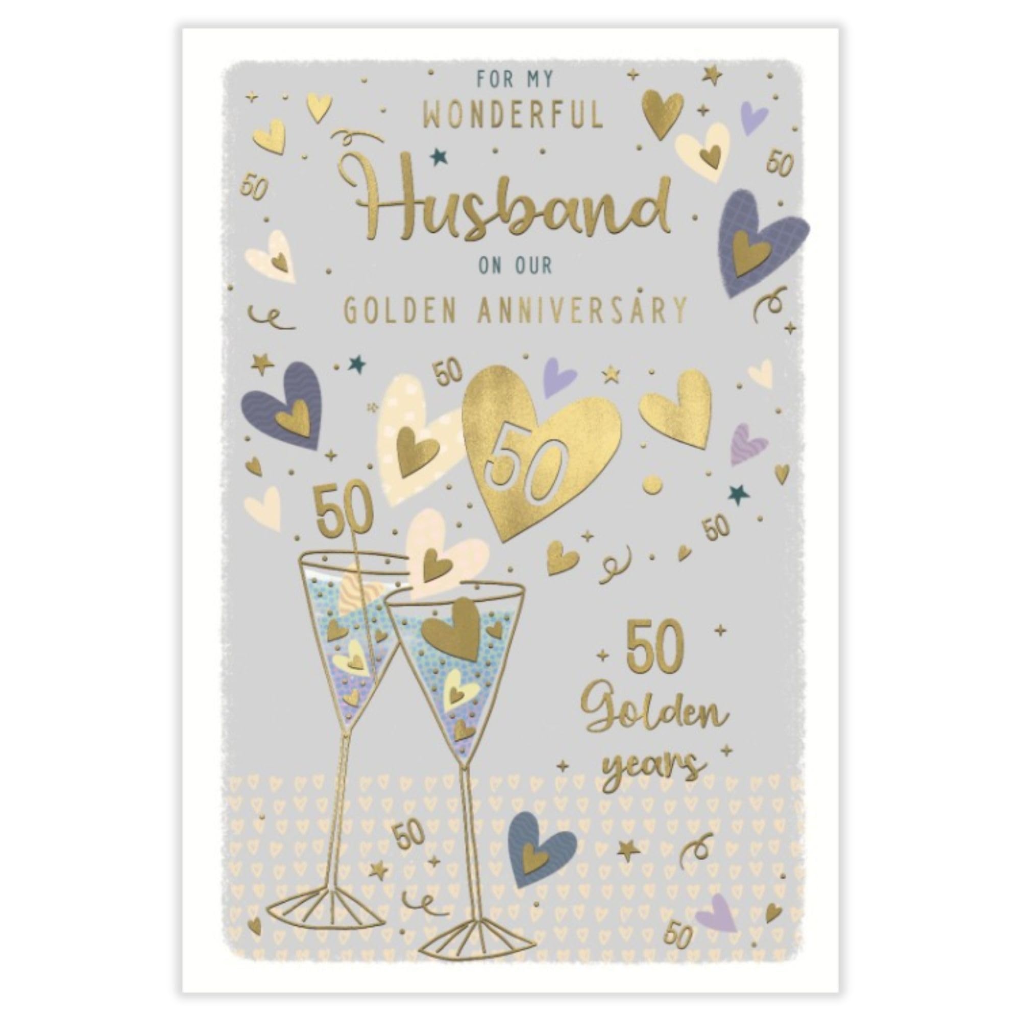 Anniversary Card HUSBAND GOLDEN 50th. 9"" Card. Gold foiling, paper pages inside.