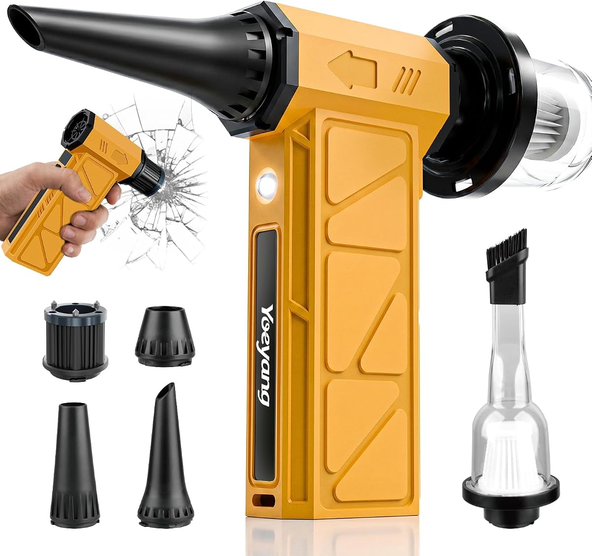 Compressed Air Duster, Industry-First O-Shaped Air Duct 13-Blade Dual-Layer | 4 Gear 6-in-1 Cordless Electric Mini Blower, Vacuum & Inflator, LED Light & Window Breaker for PC, Car, Home, Outdoor