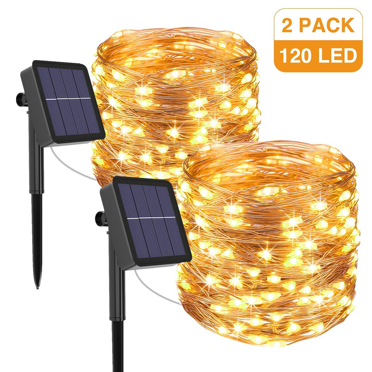 Solar String Lights Outdoor, 2Pack 240LED Total Solar Powered Fairy Lights 8 Modes Garden Copper Wire Waterproof Decoration Lighting for Tree Patio Christmas Camping Wedding Party(Warm White)