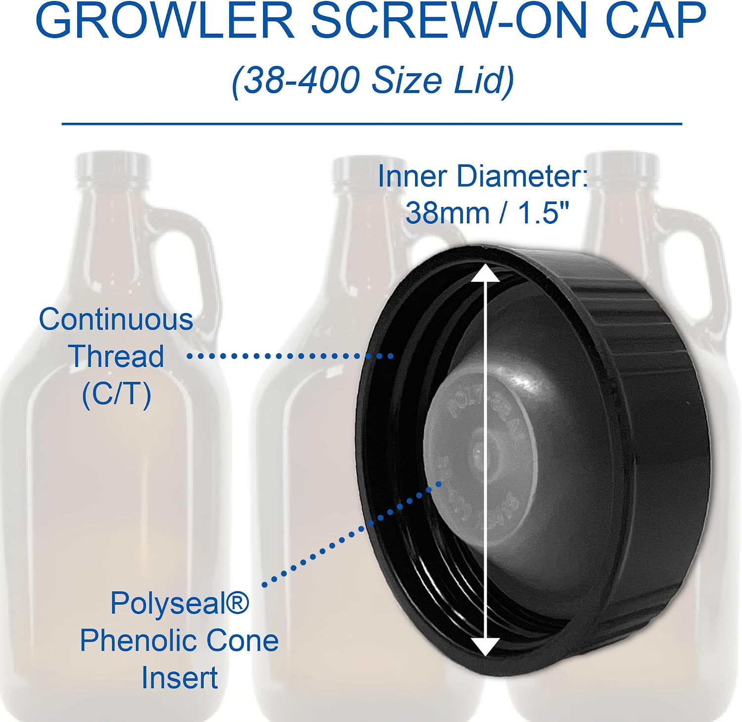Growler Cap w/Polyseal Phenolic Cone Insert, for 1-Gallon & 1/2-Gal Glass Jugs - 38mm (1.5") Dia - Beer/Kombucha/Homebrew Bottle