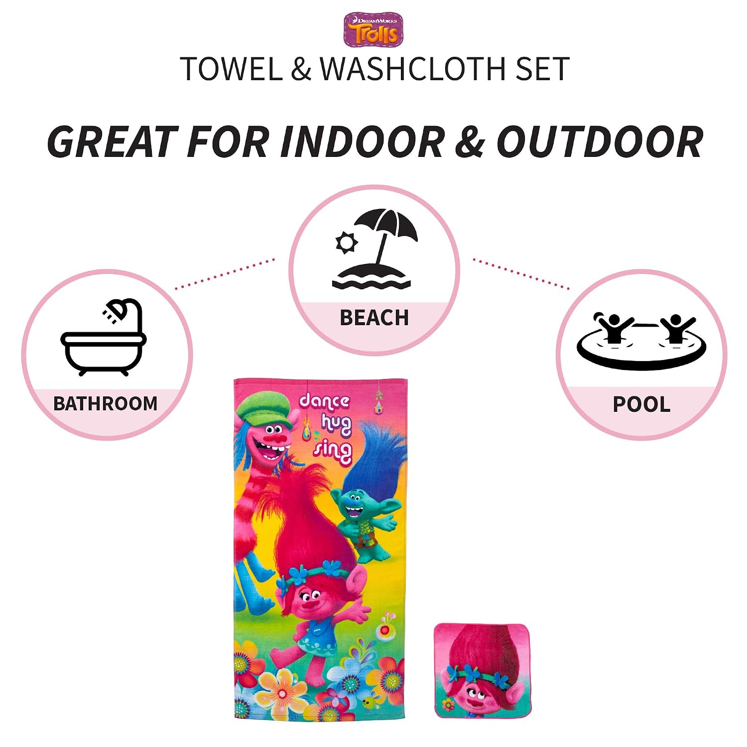 DreamWorks Trolls Kids Bath/Pool/Beach Soft Absorbent Cotton Terry Towel with Washcloth 2 Piece Set, 50 in x 25 in