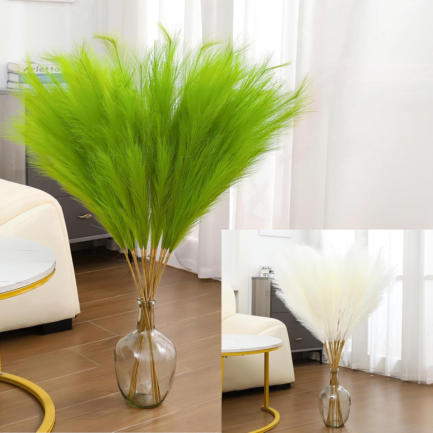 43" Faux Pampas Grass Decor Green & White - Artificial Pampas Grass Small Pampas Grass Fluffy Pompas Floral Arrangement