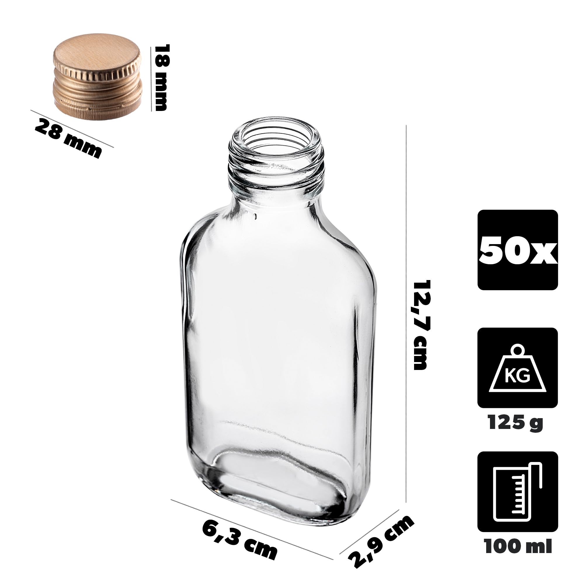 KADAX 50er Set Flachmann 100ml, kleine Glasflaschen mit Schraubverschluss, Fläschchen, leere Flaschen zum Befüllen, mini Likörflaschen, Schnapsflaschen (Gold)