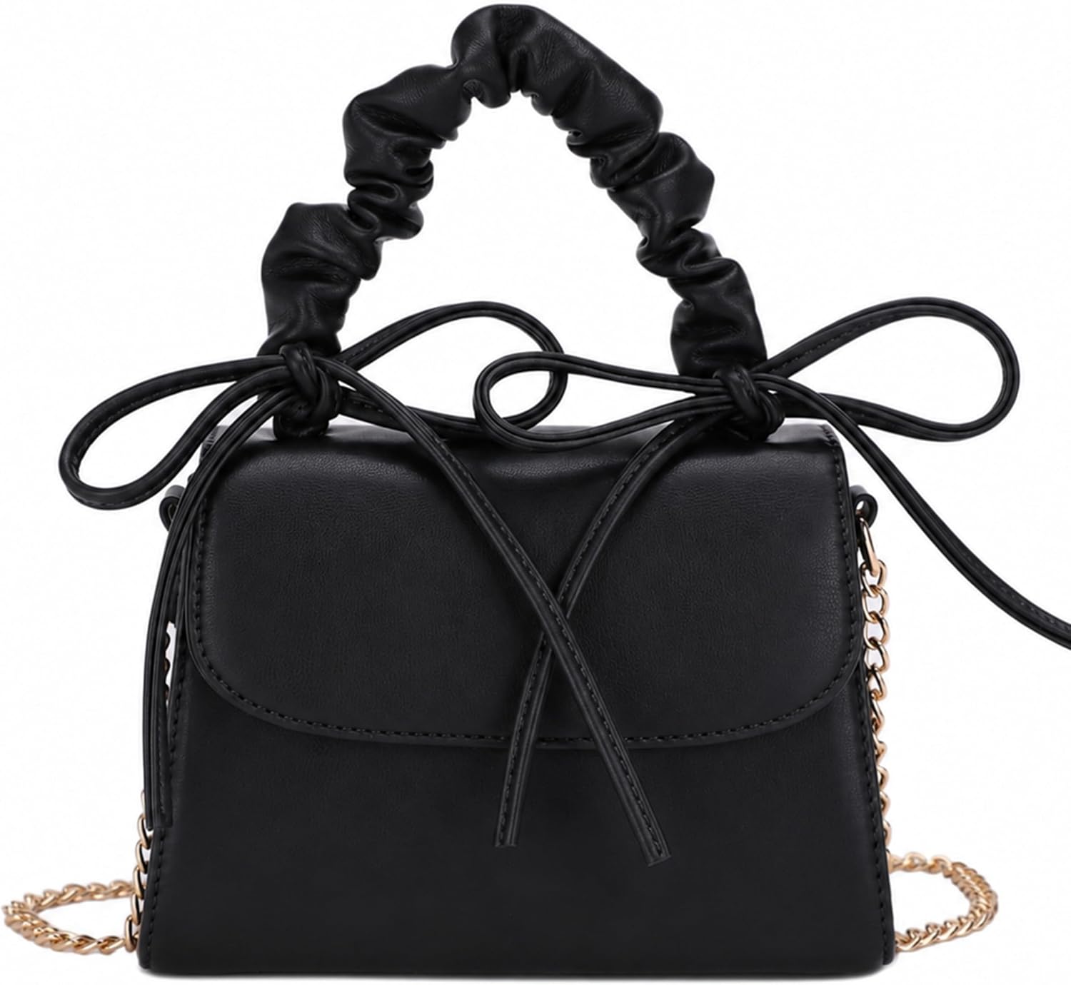 SUGU Women’s Small Top Handle Purse, Mini Crossbody Bag with Ruched Handle | Little Top Carry Handle Handbags with Bow Detail, Metal Chain Strap Shoulder Purse, Cute Vegan Leather Little Purse