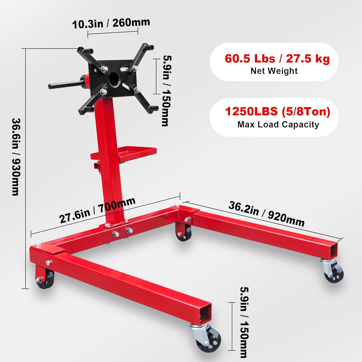 Big RED T25671-1 Engine Stand,5/8 Ton (1,250 lbs) Capacity,Rotating Engine Motor Stand with 360 Degree Adjustable Head, Extra Tool Storage Tray, 4 Casters and 4 Adjustable Arms,for Auto Repair,Red